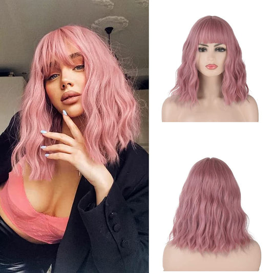 12 Inch Pink Shoulder Length Short Curly Women Full Bang Heat Resistant Fiber Replacement Bob Wig with Bangs